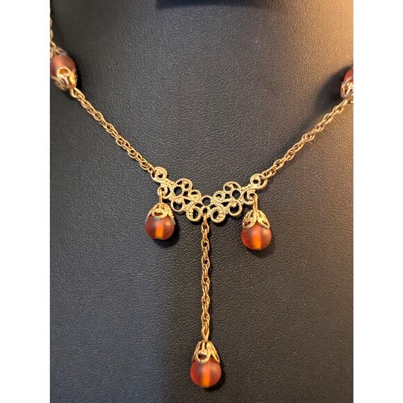 Vintage/Antique Gold Tone Frosted Brown Bead Dangle Chain Hook Clasp Necklace - Picture 2 of 5